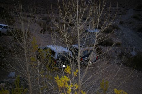 1986 Ford Bronco - Two SUVs are parked on a dirt road in a dry, hilly landscape, seen through bare tree branches.