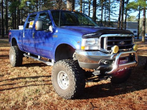 2003 Ford F-250 - This lifted 2003 Ford F-250 pickup truck is presented with a prominent chrome bull bar and auxiliary lights.