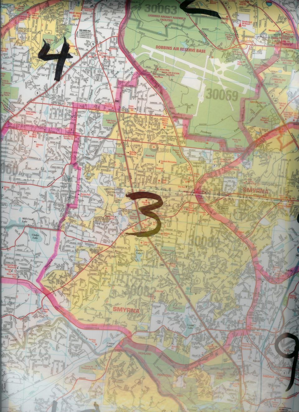 Map showing Dobbins Air Reserve Base and surrounding areas, with handwritten numbers 3, 4, and 9