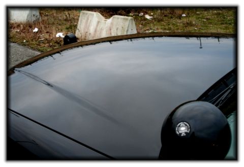 1998 Ford Crown Victoria - A close-up view of a car's hood and side mirror, with concrete barriers visible in the distance.