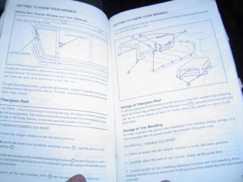 1979 Ford Bronco - Open Ford Bronco owner's manual under the "Getting to Know Your Bronco" heading, showing line diagrams for the sliding rear quarter window…