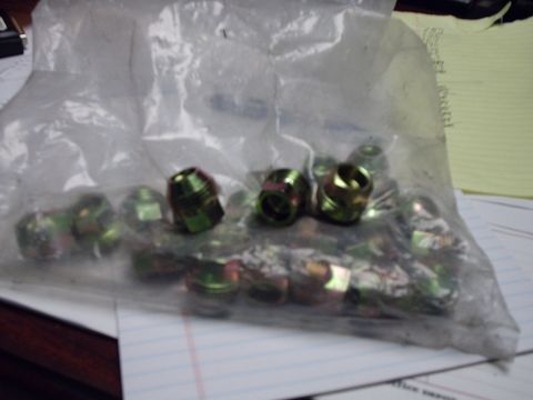 1996 Ford Crown Victoria - A clear plastic bag contains multiple lug nuts with a gold and green finish.