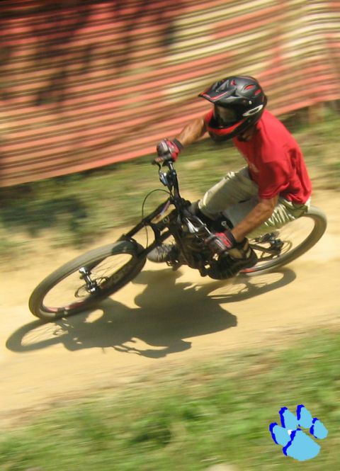 1976 Toyota Land Cruiser - A mountain biker navigates a dirt track, captured with significant motion blur.