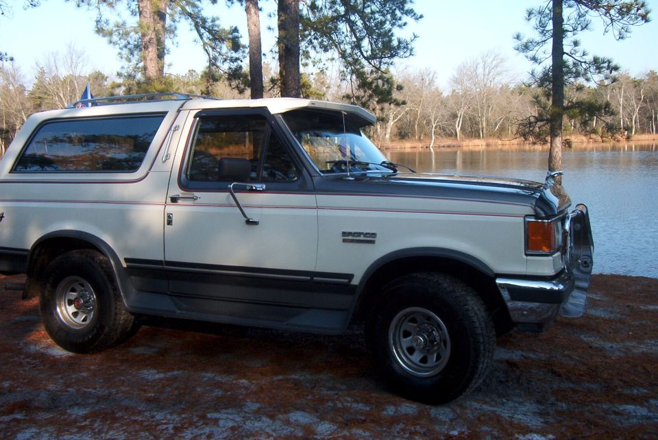 White and grey 1990 Ford Bronco with bull bar parked by a lake