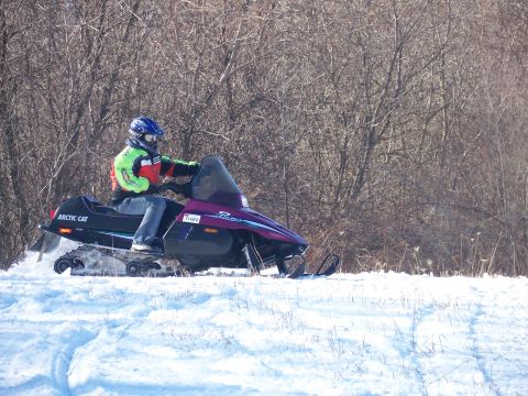 1996 Arctic Cat Puma - Rider on a 1996 Arctic Cat Puma snowmobile in a snowy, wooded area.