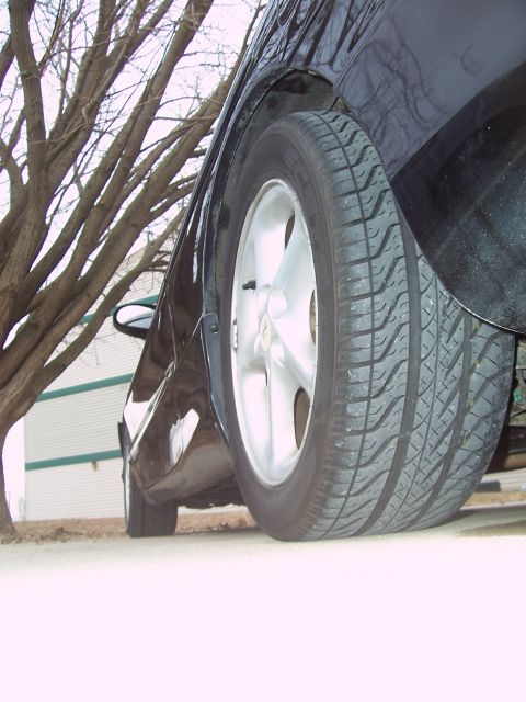 1993 Ford Probe - Close-up of a car's rear wheel and fender, with a tree in the background.