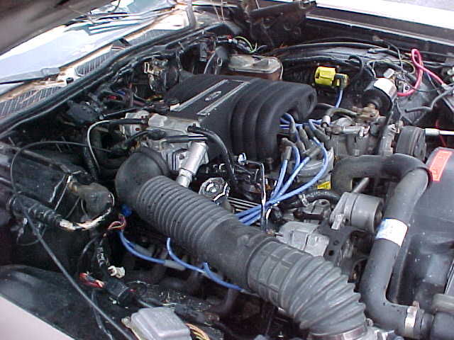 Engine bay with Ford V8, black EFI intake, blue plug wires, and corrugated intake tube
