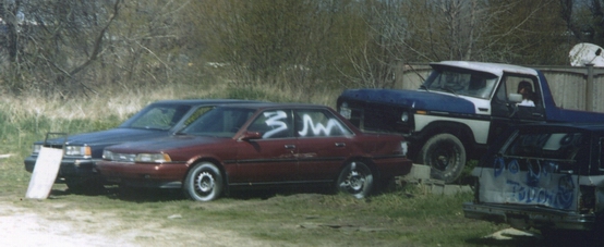 Several cars and a pickup truck parked in a grassy area with trees in the background. White markings on the side of a red sedan