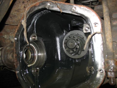 1995 Ford C-350 (Centurion Conversions) - Close-up view of differential gears and a bearing assembly within a differential housing.