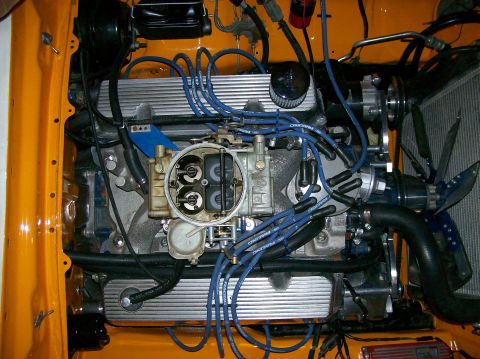 1978 Ford Mustang II - Close-up of a V8 engine bay, a Holley carburetor and blue spark plug wires.