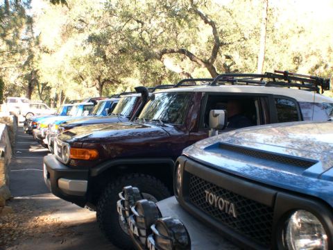 2007 Toyota FJ Cruiser - Several Toyota FJ Cruisers are parked in a row under trees, with a blue one in the foreground.