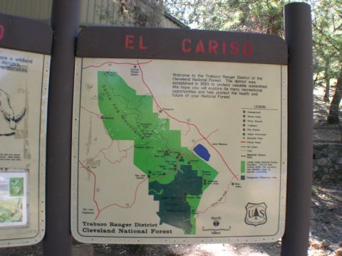 2007 Toyota FJ Cruiser - A sign displays a map of the El Cariso area within the Trabuco Ranger District of the Cleveland National Forest.