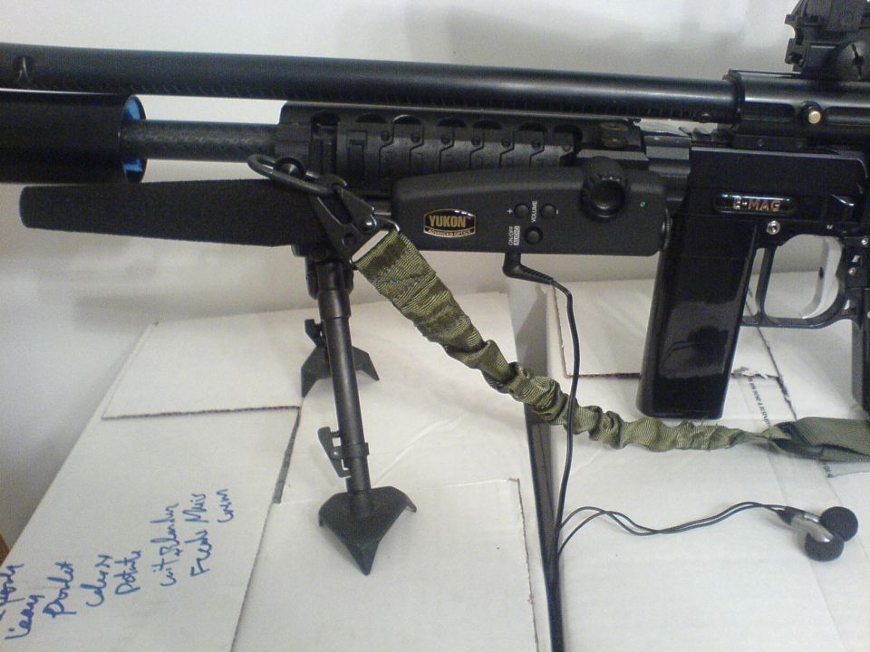 Paintball gun with bipod and Yukon night vision attachment