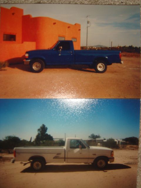 1992 Ford Bronco - Two Ford pickup trucks are shown in this photo, one blue and one white, parked outdoors.