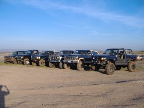 1986 Ford Bronco - Several lifted Ford trucks and SUVs are lined up on a dusty, open field under a clear blue sky.