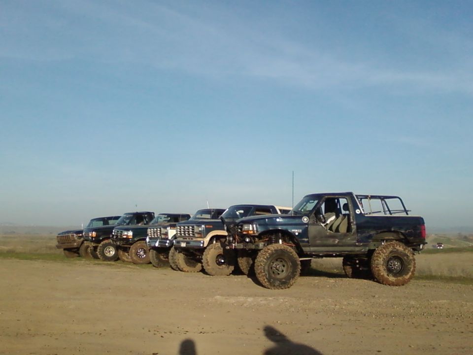 Line of lifted Ford Broncos and trucks, one dark blue Bronco prominent in foreground