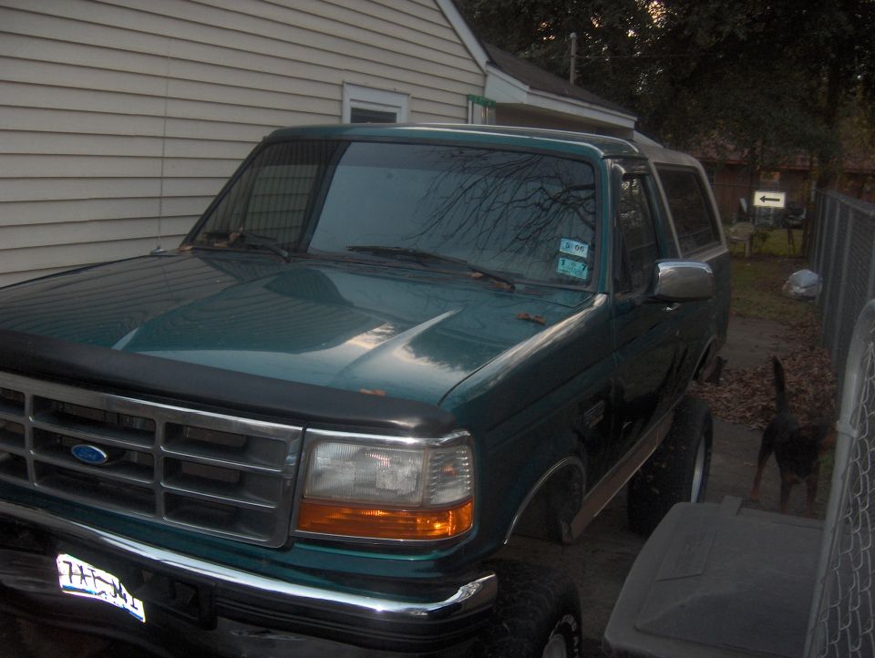 Green Ford Bronco parked in a driveway. It has a black bug deflector on the hood and chrome trim