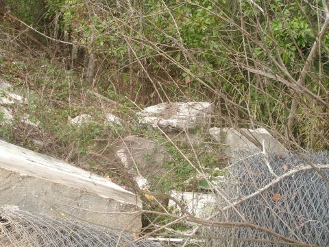 1989 Ford Bronco - Debris and concrete are piled up in a wooded area, partially obscured by branches and a chain-link fence.