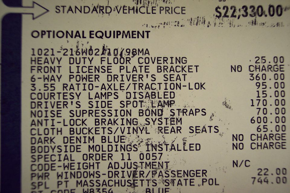 Ford police car window sticker optional equipment list with $22,330.00 standard price and option prices