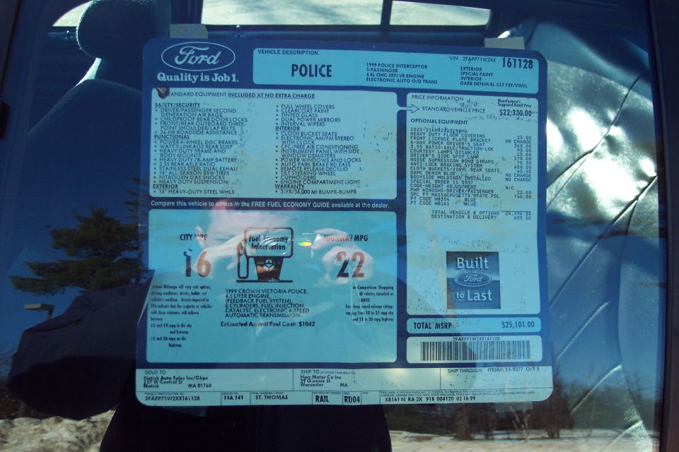 '99 Ford Crown Victoria Police window sticker with equipment lists, option pricing and 16 city/22 highway MPG