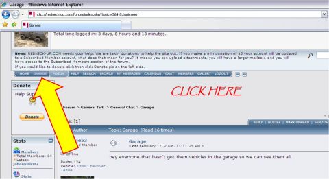 1996 Ford Bronco - A screenshot of a forum page shows a yellow arrow highlighting the 'Garage' tab, with a post mentioning vehicles.
