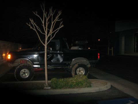 1989 Ford Bronco - A black 1989 Ford Bronco is seen parked at night, with a bare tree in the foreground.