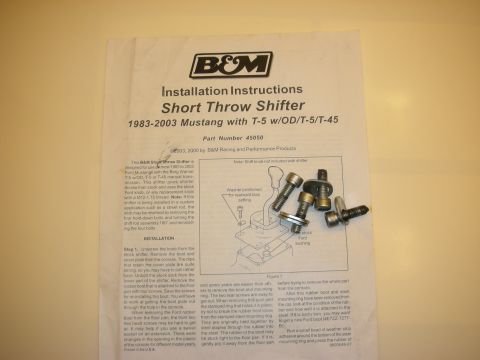 1998 Ford Crown Victoria - B&M short-throw shifter installation-instruction sheet for 1983-2003 Mustangs with step-by-step text and a figure.