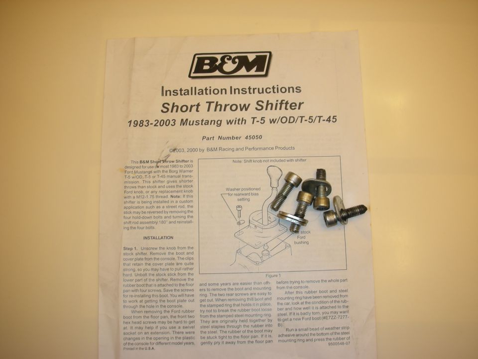 B&M Short Throw Shifter installation instructions sheet for 1983-2003 Mustang with steps, figure and hardware shown