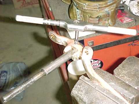 1915 Ford Model T - Tapping the hole in the Bennett pedal 1/4" - 28 for the aircraft high shear strength bolt NAS1204