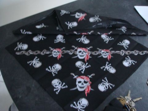 1996 Ford Bronco - A black bandana a pirate-themed pattern of skulls, crossbones, and chains is displayed on a dark surface.