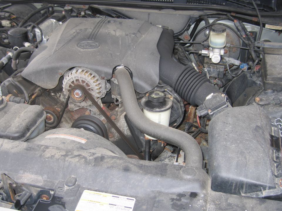 Engine bay of a 2001 Ford Crown Victoria, showing the V8 engine, alternator, and air intake system