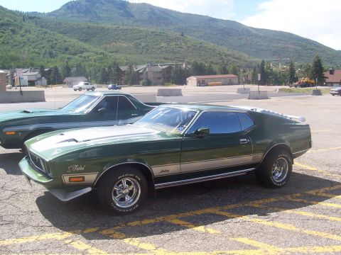 1973 Ford Mustang - A green 1971-1973 Ford Mustang coupe is parked next to a green Ford Ranchero in a parking lot.
