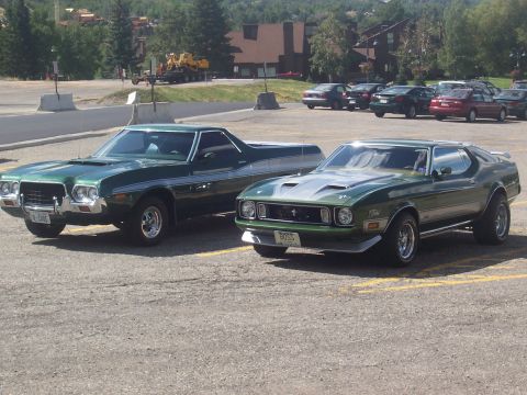 1973 Ford Mustang - A green 1971 Ford Mustang Mach 1 is parked next to a green Ford Ranchero.