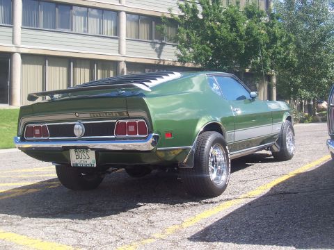 1973 Ford Mustang - Rear view of a green 1973 Ford Mustang Mach 1 parked on asphalt with yellow lines.