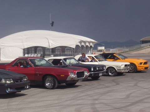 1973 Ford Mustang - A collection of classic American cars, including a red El Camino and two Ford Mustangs, are parked in a line.