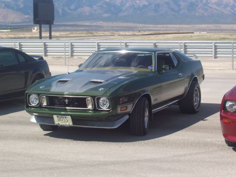 1973 Ford Mustang - A green 1971 Ford Mustang is parked at an outdoor event, with other vehicles visible.