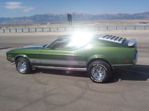 1973 Ford Mustang - 1973 Ford Mustang Mach 1 side view with louvers on rear window and spoiler.