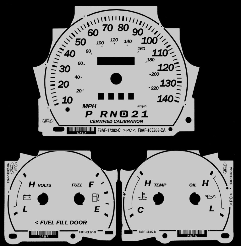 Ford speedometer and fuel/temp/oil gauge faces with PRND21 and part numbers