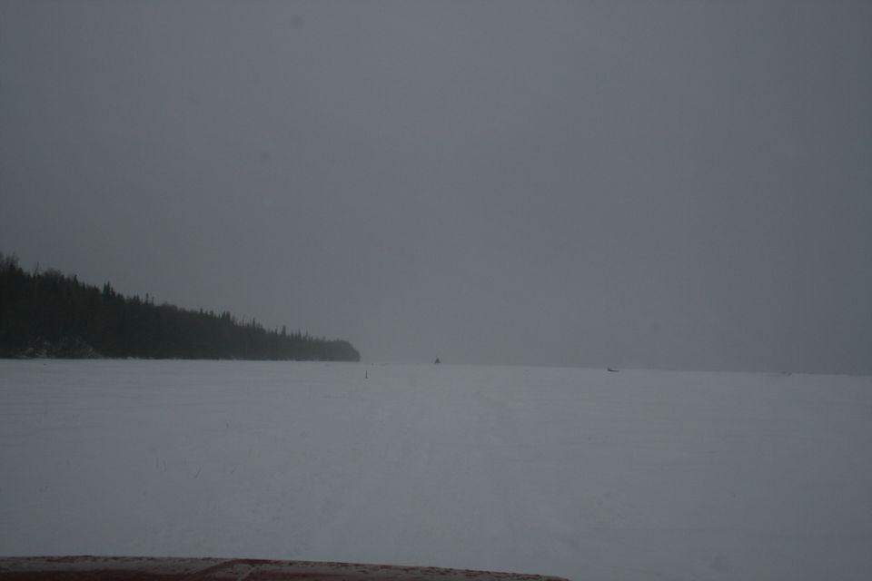 Snowy landscape with a treeline on the left and distant figures on the horizon