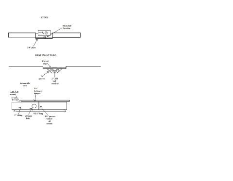 1990 Ford Bronco - Dimensioned fabrication drawing comparing a stock bumper/hitch to a modified receiver with measurements and weld locations.