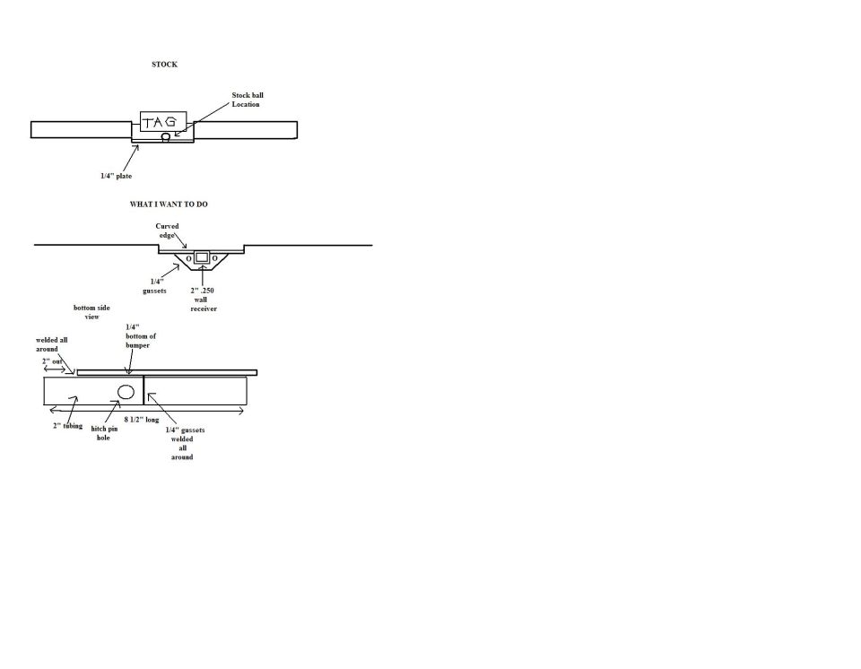 Dimensioned fabrication drawing of stock and modified trailer hitch receiver with weld notes