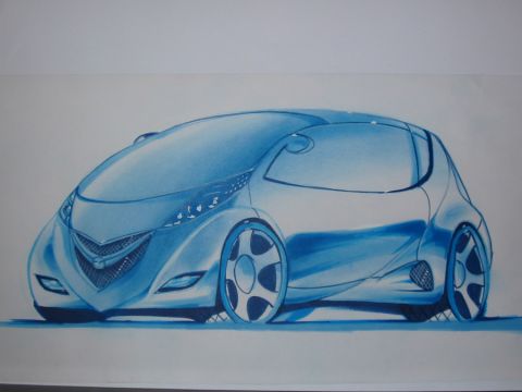 1989 Mazda MX-6 - A blue sketch of a futuristic concept car is shown from a 3/4 front perspective.