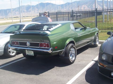 1973 Ford Mustang - A green 1971 Ford Mustang Mach 1 is parked next to other vehicles under a bright sky.