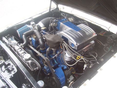 1973 Ford Mustang - Engine bay view showing a blue engine block, chrome intake manifold, and blue air filter. The registry claims this is a 1973 Ford Mustang,…