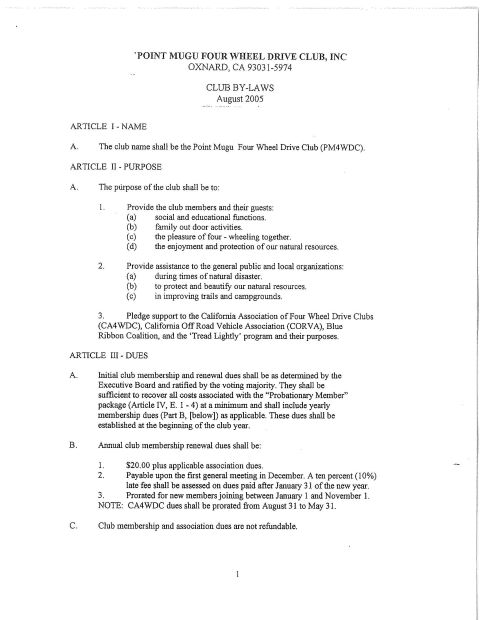 1967 Ford Bronco - This document outlines the club name, purpose, and dues for the Point Mugu Four Wheel Drive Club, dated August 2005.