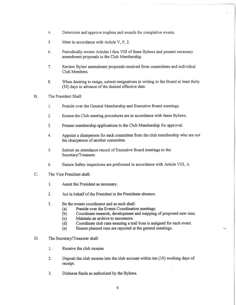Document page with bylaws and club rules, including sections for President and Vice President roles