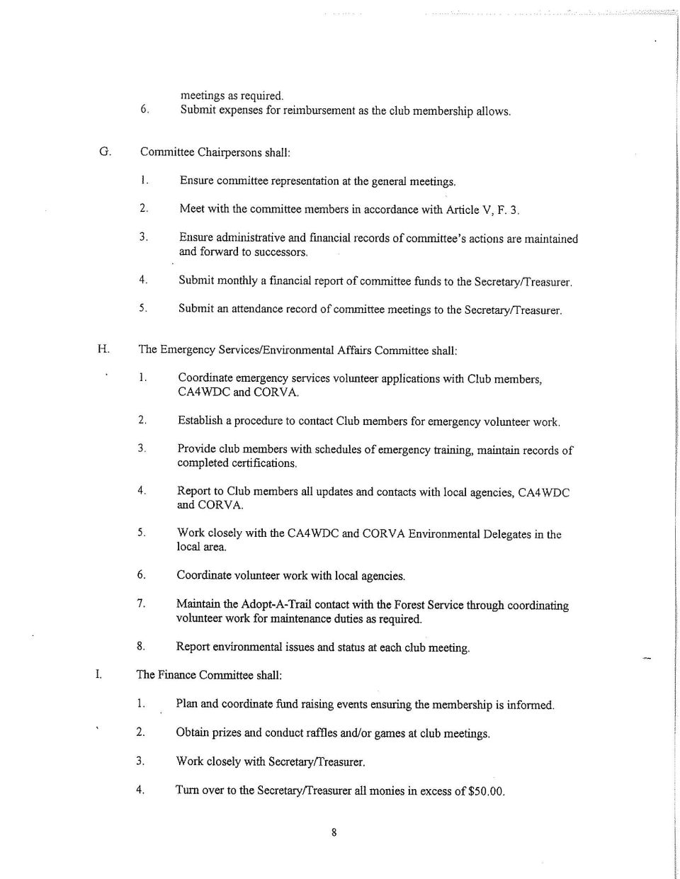 Scanned page 8 of 4WD club bylaws covering committee, environmental and finance duties