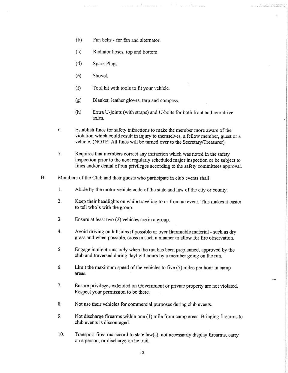 4x4 club rules page 12 listing required trail spares, safety inspection fines and event conduct rules