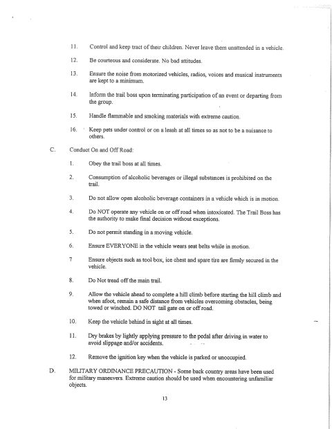 1967 Ford Bronco - This document outlines rules for trail conduct and military ordinance precautions, including safety guidelines.