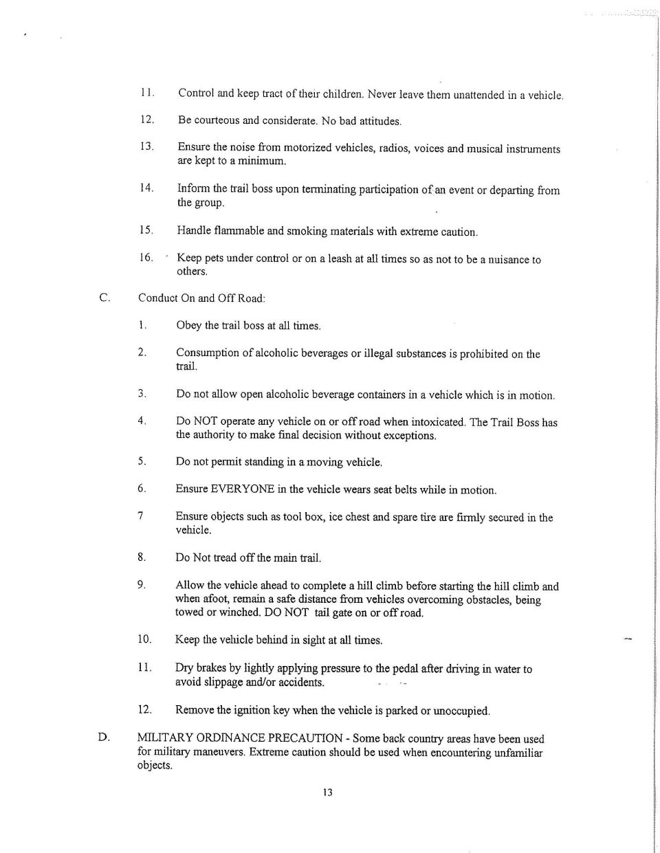 4x4 club rules page 13 covering on and off road conduct, trail boss authority and military ordnance precaution
